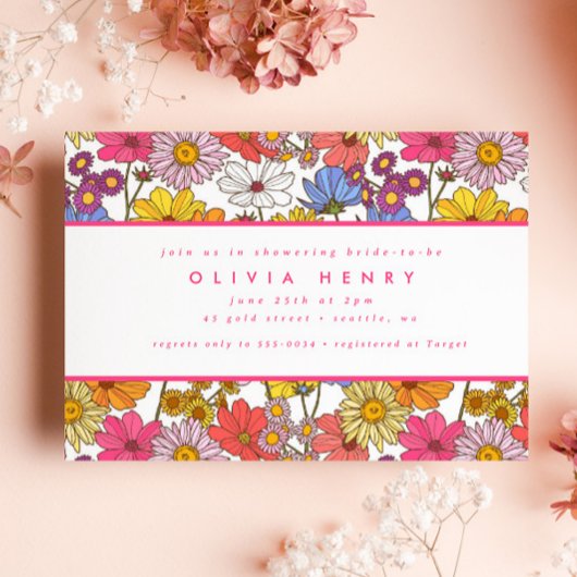 レトロヒッパイレインボーフラワーガーデンブライダルシャワー 招待状