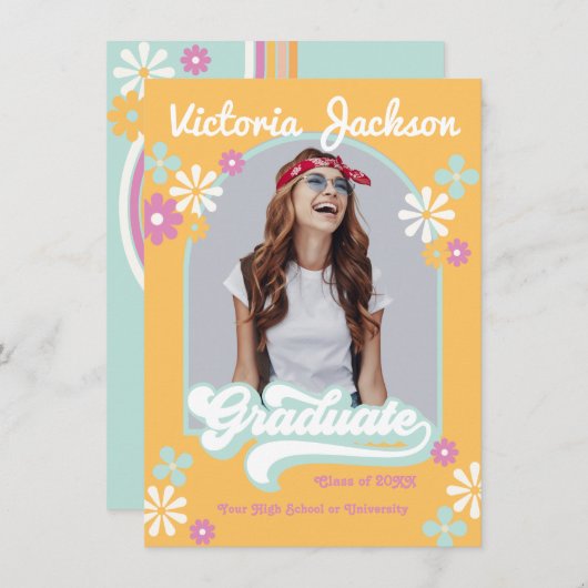 レトロヒッピーの卒業写真発表 招待状 (正面/裏面)