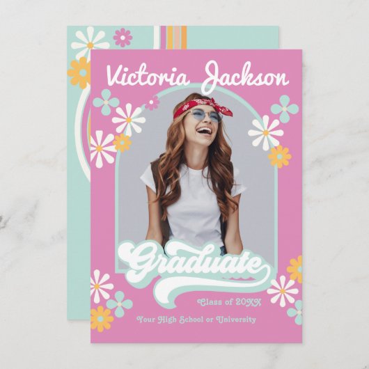 レトロヒッピーの卒業写真発表 招待状 (正面/裏面)