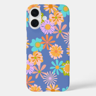 レトロヒッピーの花模様(青) iPhone 16ケース