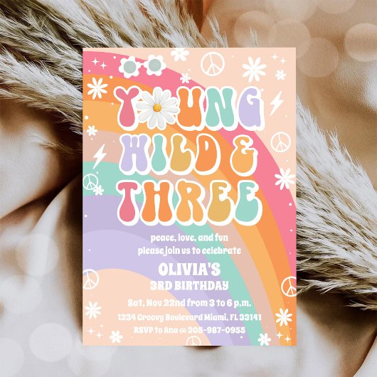 レトロヒッピーの3歳誕生日招待状 招待状