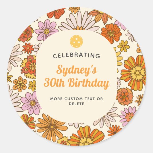 レトロヒッピーの70年代フラワーパターン ピックルボールパーティー ラウンドシール (正面)