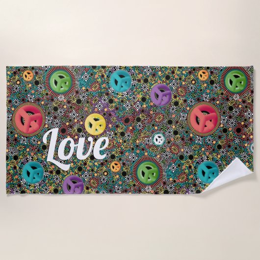 レトロヒッピーカラフルピースサイン60sパターン ビーチタオル (正面)