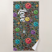 レトロヒッピーカラフルピースサイン60sパターン ビーチタオル (正面)