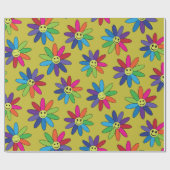 レトロヒッピーカラフル笑顔の花のパターン ラッピングペーパー (フラット)