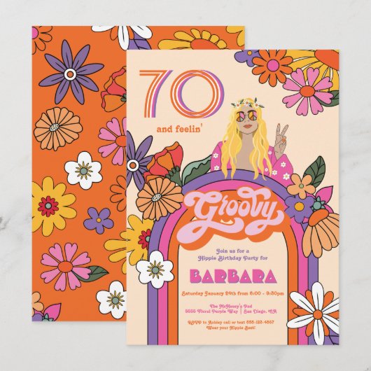 レトロヒッピーガール 70's 60's グルービー バースデーパーティー 招待状 (正面/裏面)