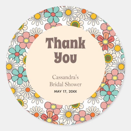 レトロヒッピーフラワーウェディングシャワーのお礼 ラウンドシール (正面)