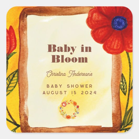 レトロヒッピーフローラ水の色オレンジ色ベビーシャワー スクエアシール (正面)