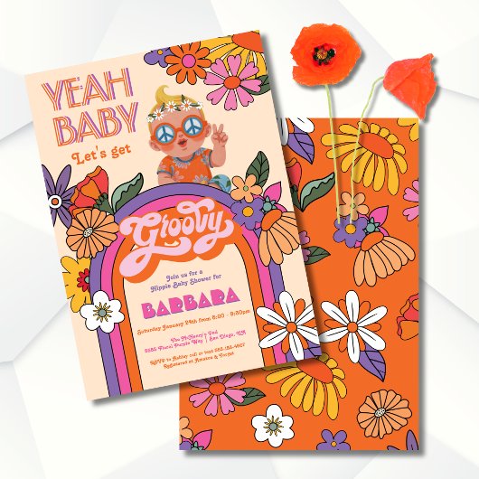 レトロヒッピーベビー70の60のGroovyベビーシャワー 招待状