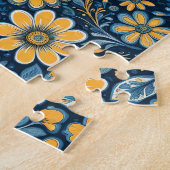 レトロヒッピーヴィンテージ花デザインイエローブルー ジグソーパズル (側面)