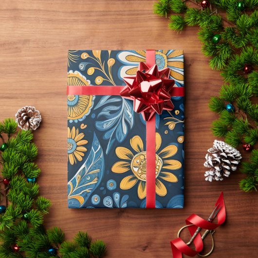レトロヒッピーヴィンテージ花デザインイエローブルー ラッピングペーパー (クリスマスギフト)