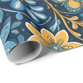 レトロヒッピーヴィンテージ花デザインイエローブルー ラッピングペーパー (ロールコーナー)