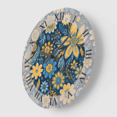 レトロヒッピーヴィンテージ花デザインイエローブルー ラージ壁時計 (傾斜)