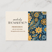 レトロヒッピーヴィンテージ花デザインイエローブルー 名刺 (正面)