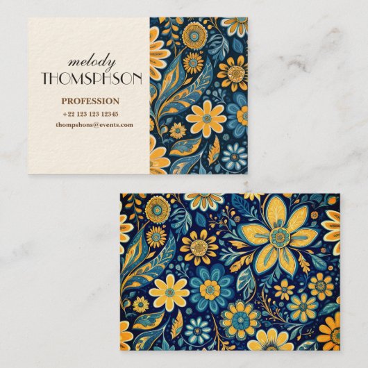 レトロヒッピーヴィンテージ花デザインイエローブルー 名刺 (正面/裏面)