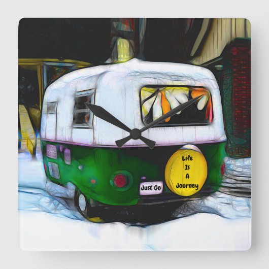 レトロヒッピー人生は旅だけ移動キャンパー スクエア壁時計 (正面)