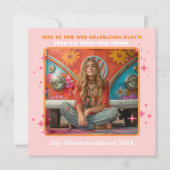 レトロヒッピー写真卒業パーティーピンクオレンジ 招待状 (正面)