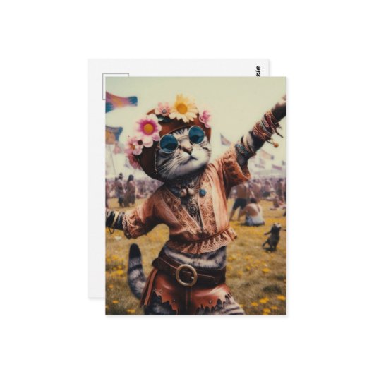 レトロヒッピー子猫葉書 ポストカード (正面/裏面インサイチュ)