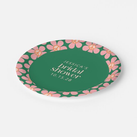 レトロヒッピー平和サインフラワーグリーンピンクシャワー ペーパープレート (アングル)