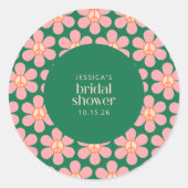レトロヒッピー平和サインフラワーグリーンピンクシャワー ラウンドシール (正面)