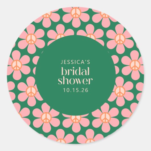 レトロヒッピー平和サインフラワーグリーンピンクシャワー ラウンドシール (正面)