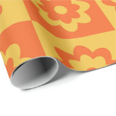 レトロヒッピー花チェッカーボードイエローオレンジ ラッピングペーパー (ロールコーナー)