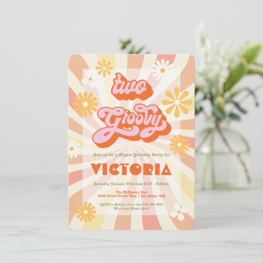 レトロヒッピー70の60の2つのGroovy誕生日パーティー 招待状 (スタンド正面)