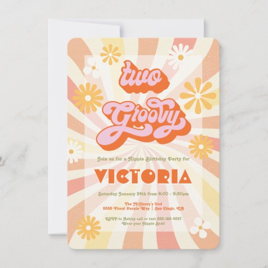 レトロヒッピー70の60の2つのGroovy誕生日パーティー 招待状 (正面)