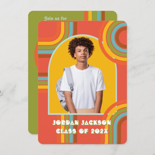 レトロヒッピー70年代60年代の卒業写真 招待状 (正面/裏面)