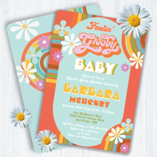 レトロヒッピー70年代60年代のGroovy Baby Shower 招待状