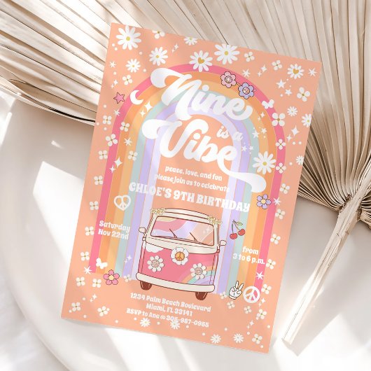 レトロヒッピー9歳誕生日招待状 招待状