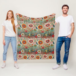 レトロヒッピー:レッドフラワーガーデン フリースブランケット
