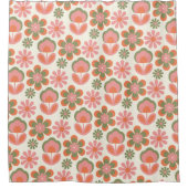 レトロヒッピーBoho 70s花柄ピンクグリーン シャワーカーテン (正面)