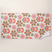 レトロヒッピーBoho 70s花柄ピンクグリーン  ビーチタオル (正面)