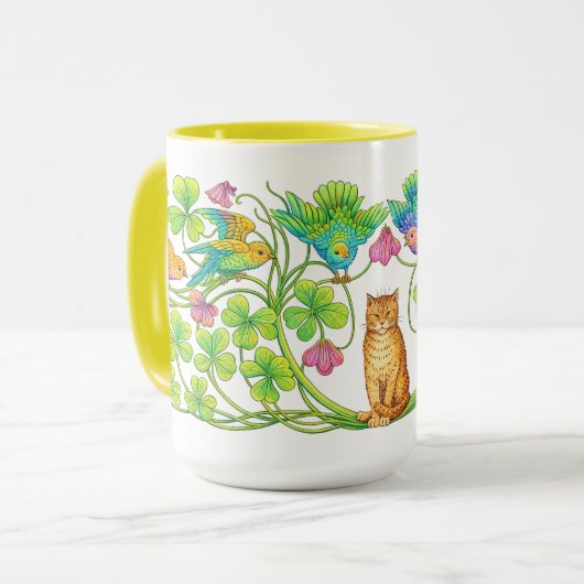 レトロビクトリア時代の猫、クローバー、鳥 マグカップ (正面左)