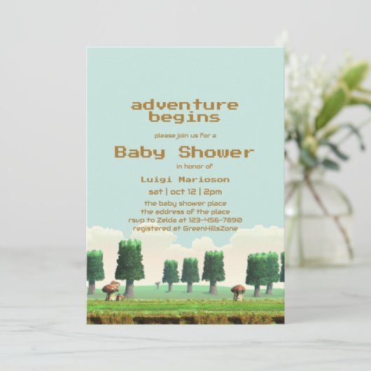 レトロビデオゲームの冒険が始まる男の赤ちゃんシャワー 招待状 (スタンド正面)