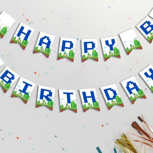レトロビデオゲームハッピーバースデー バンティングフラッグ