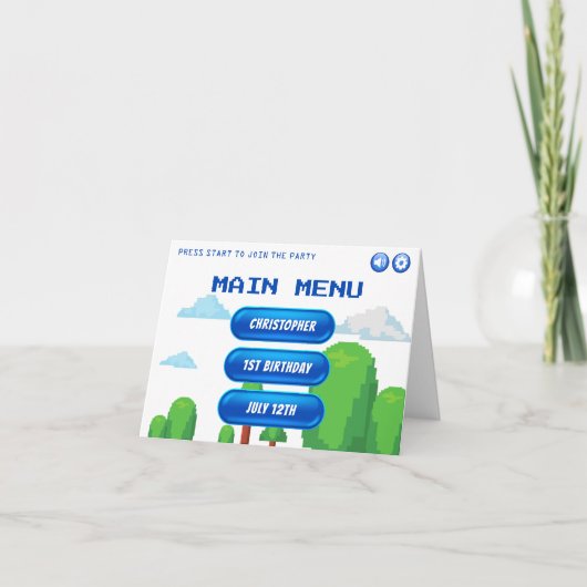 レトロビデオゲームメニュー1歳誕生日パーティー サンキューカード (正面)