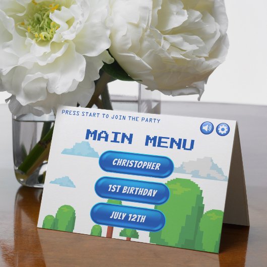 レトロビデオゲームメニュー1歳誕生日パーティー サンキューカード