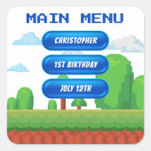 レトロビデオゲームメニュー1st誕生日パーティー スクエアシール (正面)