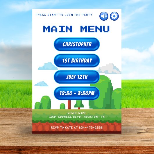 レトロビデオゲームメニュー1st誕生日パーティー 招待状