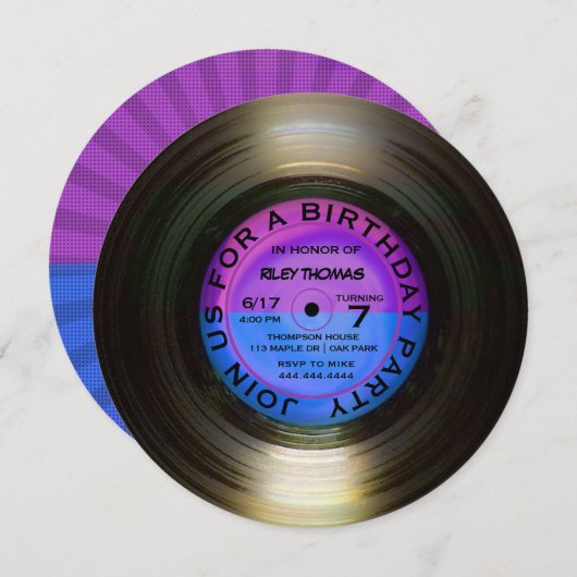 レトロビニールアルバムディスコスタイル誕生日パーティーの招待 招待状 (正面/裏面)
