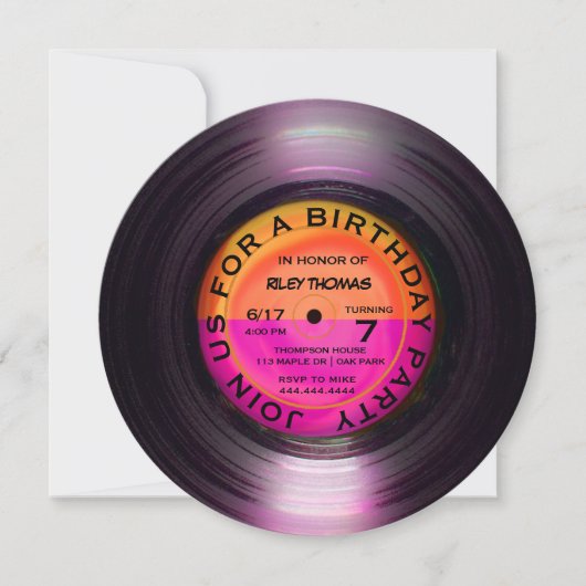 レトロビニールアルバムディスコスタイル誕生日パーティー 招待状 (正面)