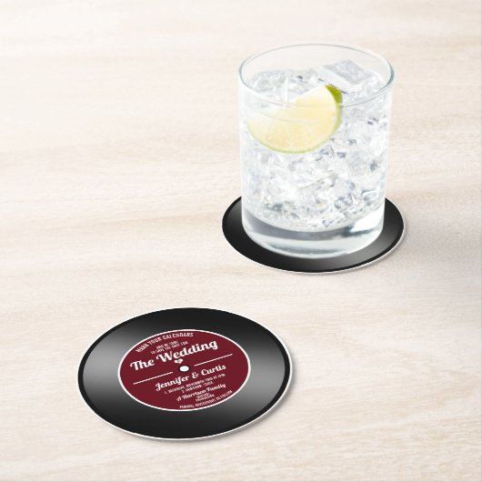 レトロビニールレコードワインレッドウェディング日付を保存 ラウンドペーパーコースター (インサイチュ)