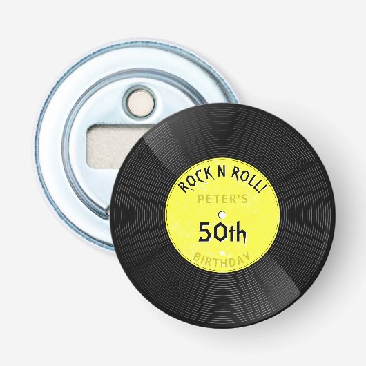 レトロビニールレコード ロックンロール イエロー 誕生日 栓抜き (正面)