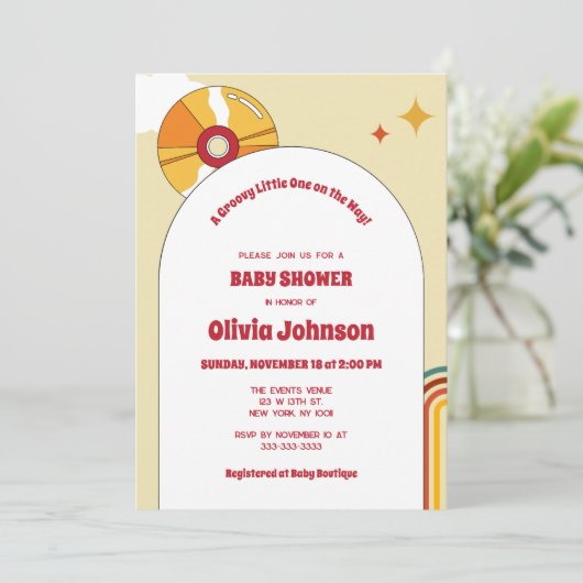 レトロビニール男女兼用ベビーシャワー招待状 セーブザデート (スタンド正面)