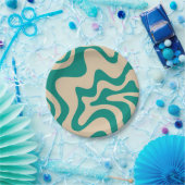 レトロビブ液体スワールパターンティール(緑がかった色)とベージュ ペーパープレート (パーティー)