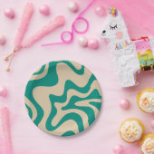 レトロビブ液体スワールパターンティール(緑がかった色)とベージュ ペーパープレート (パーティー)