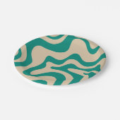 レトロビブ液体スワールパターンティール(緑がかった色)とベージュ ペーパープレート (アングル)