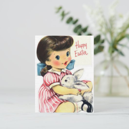 レトロビンテージの女の子のイースターバニー ポストカード (スタンド正面)